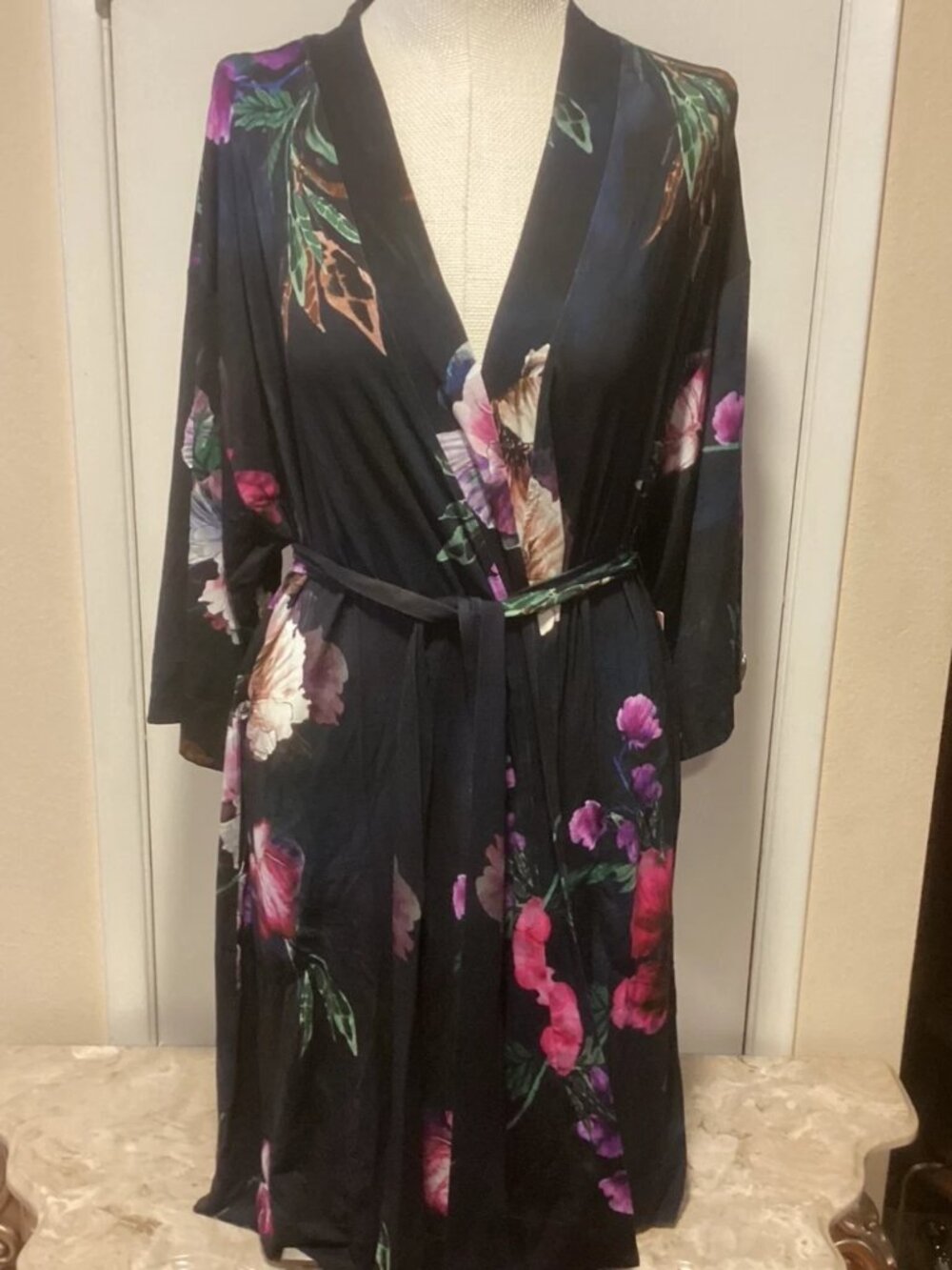 Soma Navy Blue Fleur Ever Drama Cool Nights Short Knit Robe S/M Small/Medium $79